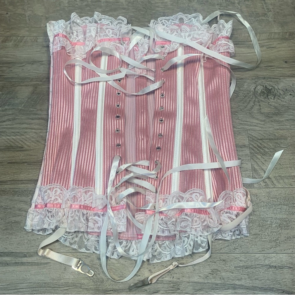 Shirley of Hollywood Striped Satin Lace Boned Corset Coquette Candy - Picture 7 of 12
